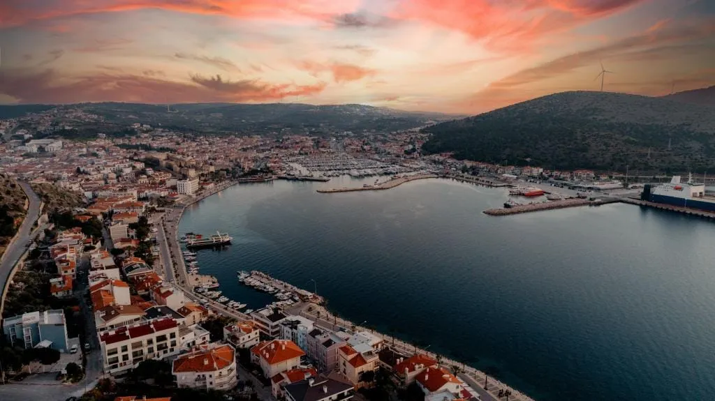 A clear winter day in Kaş, with the island of Meis across the water