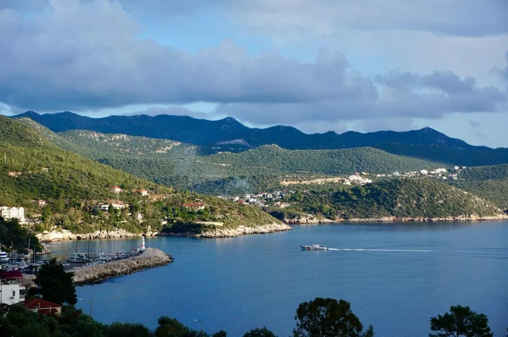 The coast of Kaş in spring, with green hillsides above the sea