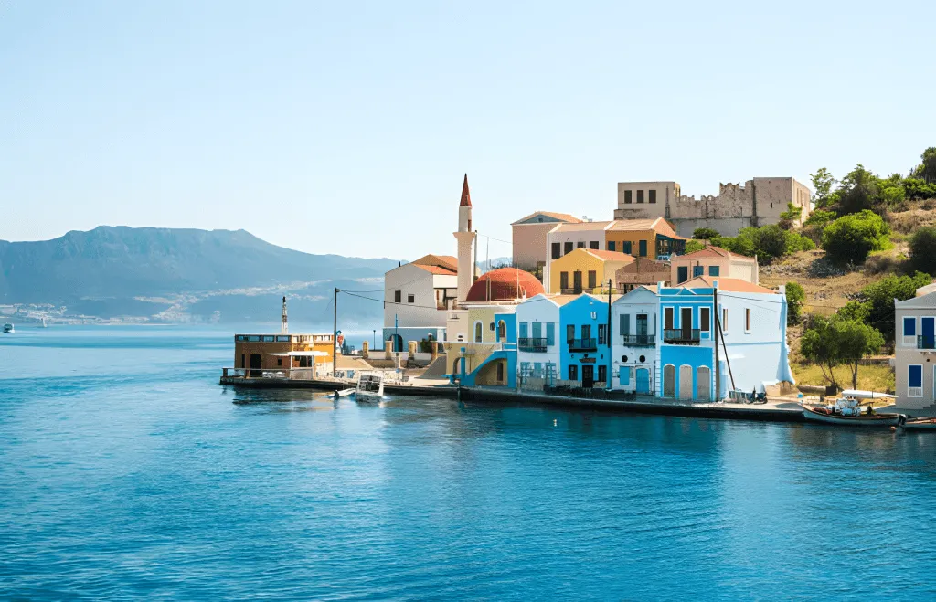 Waterfront tavernas along the harbour of Meis