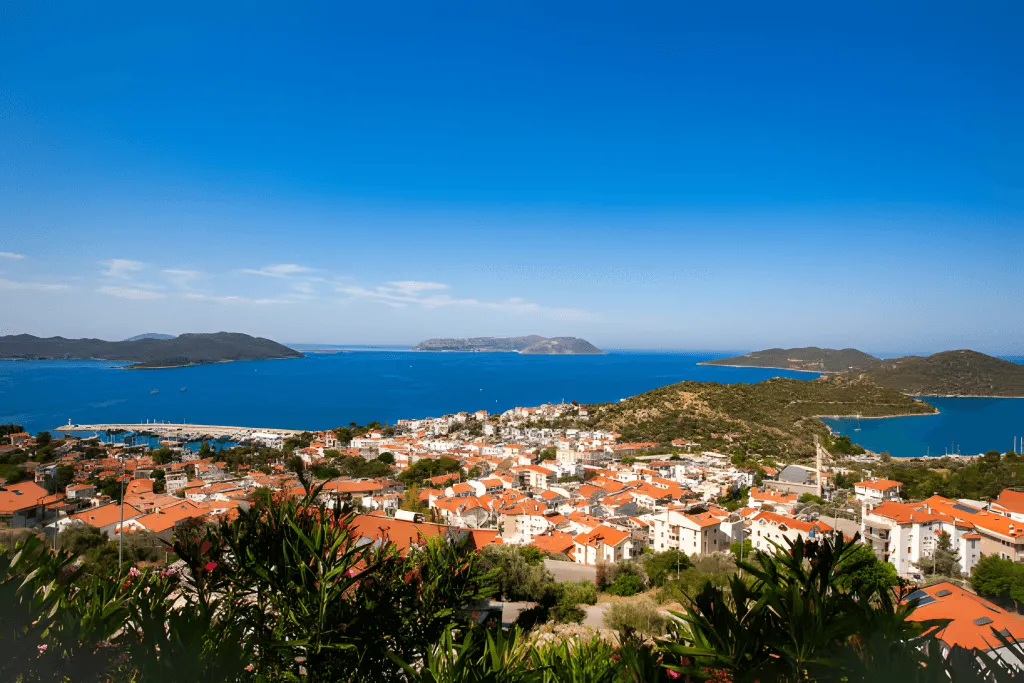 Colourful stone houses lining the harbour of Meis (Kastellorizo)