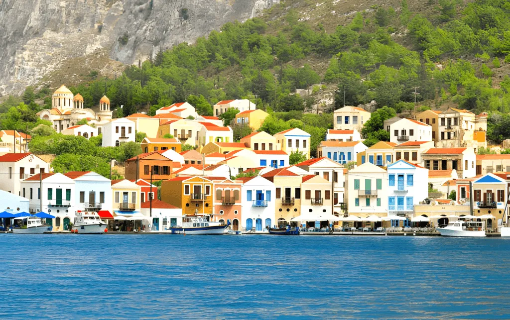 Fishing boats moored in the turquoise harbour of Kastellorizo