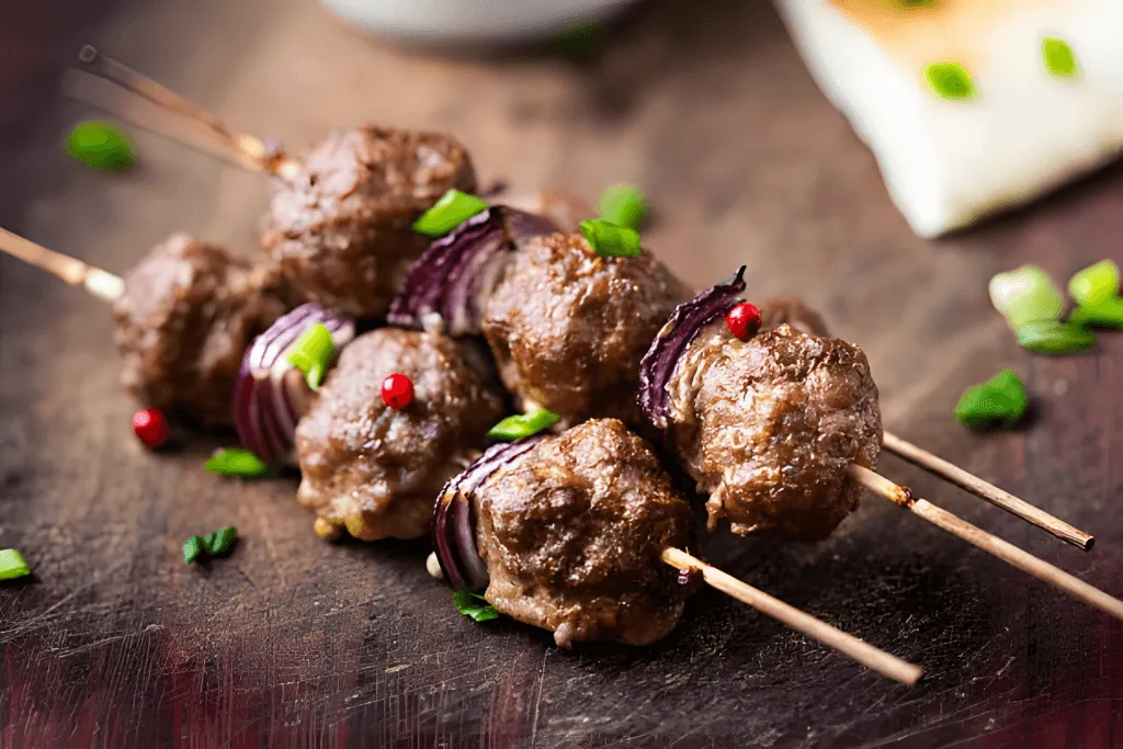A plate of Antalya-style şiş köfte skewers