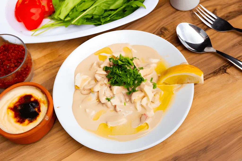 Tahinli piyaz: white beans in tahini dressing with boiled egg and tomato